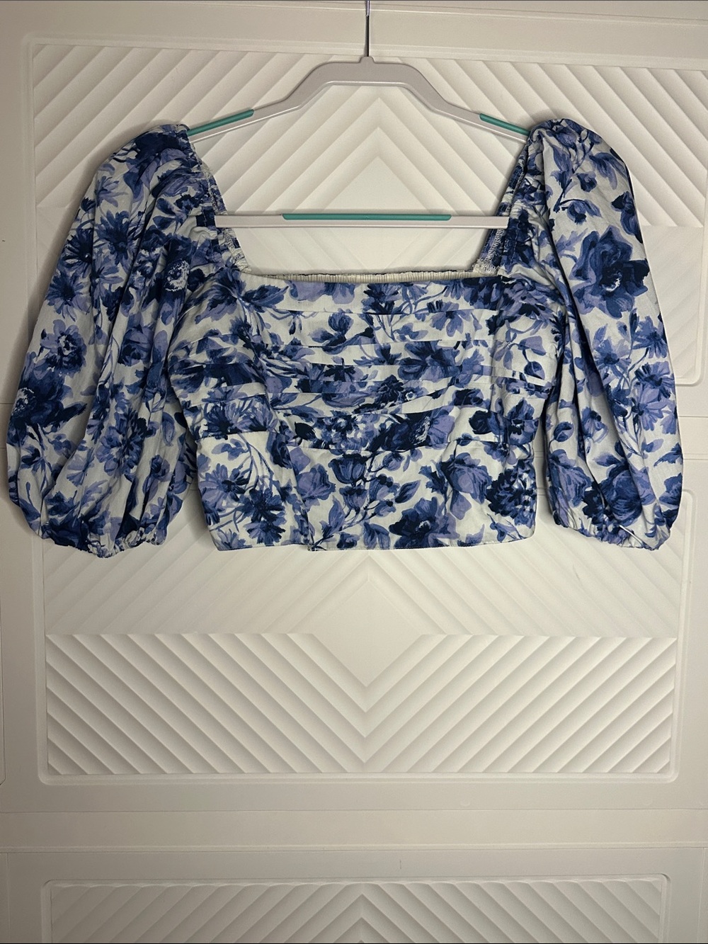 Abercrombie & Fitch Blue Floral Puff-Sleeve Crop Top